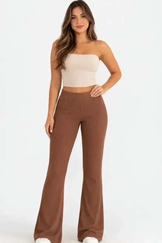Fitilli Kaşkorse İspanyol Paça Tayt Yüksek Bel Esnek Günlük Rahat Pantolon - Kahverengi - 4