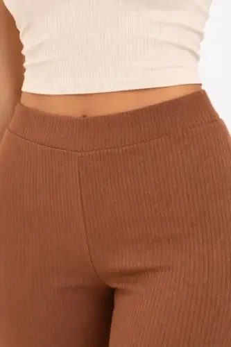 Fitilli Kaşkorse İspanyol Paça Tayt Yüksek Bel Esnek Günlük Rahat Pantolon - Kahverengi - 3