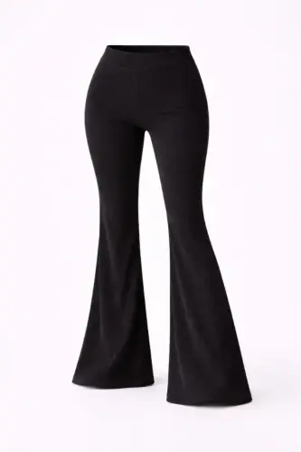 Fitilli Kaşkorse İspanyol Paça Tayt Yüksek Bel Esnek Günlük Rahat Pantolon - Siyah - 3