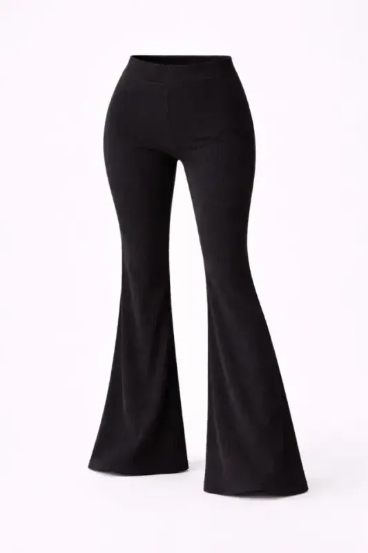 Fitilli Kaşkorse İspanyol Paça Tayt Yüksek Bel Esnek Günlük Rahat Pantolon - Siyah - 3