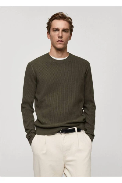 İnce Triko Ribana Pamuklu Kazak-Haki Renk - MANGO Man