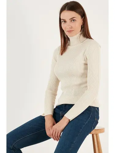 Fitilli Regular Fit Balıkchi Yaka Soft Akrilik Kazak 4614102-Ekru - LC WAIKIKI (1)