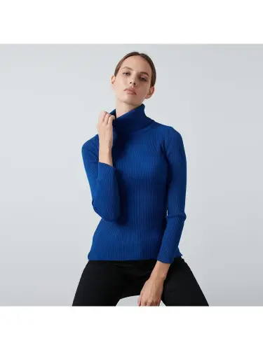 Fitilli Regular Fit Balıkchi Yoqa Soft Akrilik Kazak 4614102-Mavi - 5
