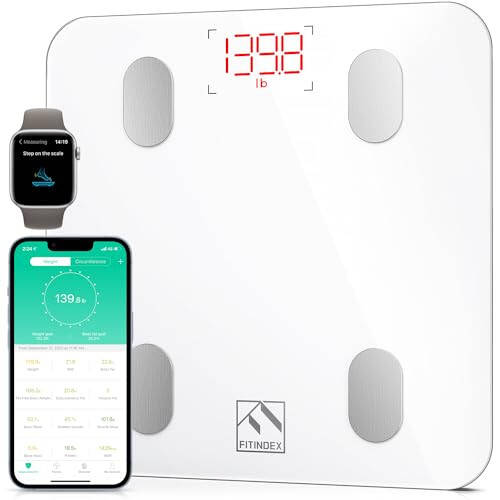 FITINDEX Akıllı Vücut Ağırlığı Tartısı, FSA HSA Uygun Dijital Banyo Tartısı, BKI, Vücut Yağı, Kas Kütlesi, 13 Vücut Bileşimi, Bluetooth Tartısı, 400lb - Beyaz - 1