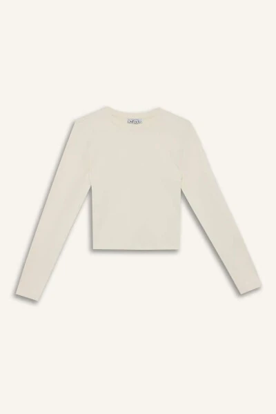 Fitted Bisiklet Yaka Fitilli Kaşkorse Uzun Kollu Tişört Kırık Beyaz - 3