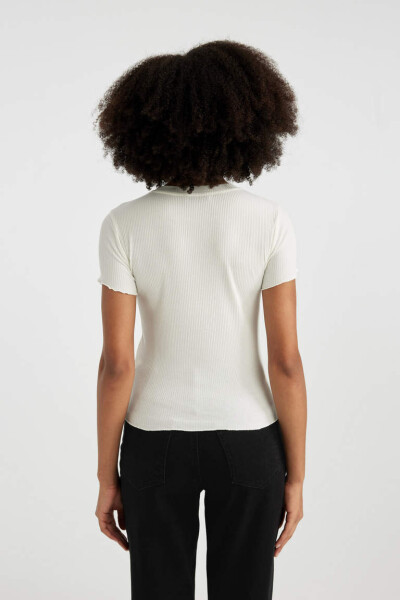 Fitted Crew Neck Fitted Cashmere Basic Short Sleeve T-Shirt Off White - 6