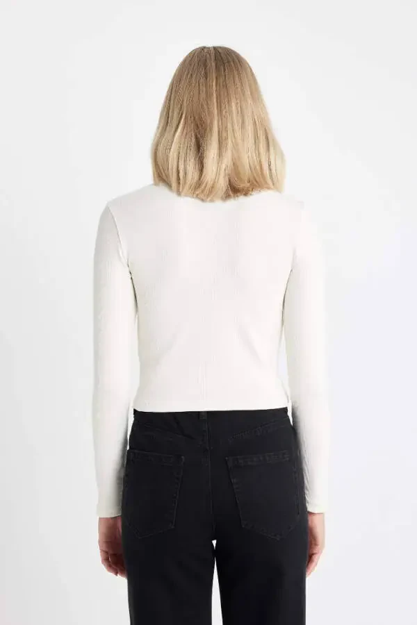 Fitted Crew Neck Fitted Cashmere Long Sleeve T-Shirt Off-White - 2