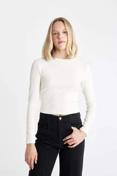 Fitted Crew Neck Fitted Cashmere Long Sleeve T-Shirt Off-White - 4