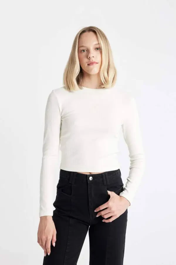 Fitted Crew Neck Fitted Cashmere Long Sleeve T-Shirt Off-White - 4