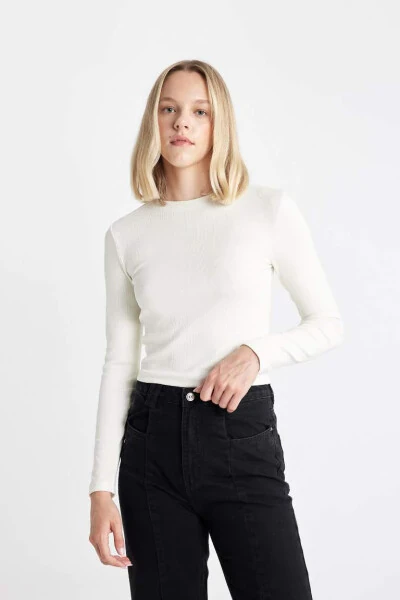 Fitted Crew Neck Fitted Cashmere Long Sleeve T-Shirt Off-White - 6
