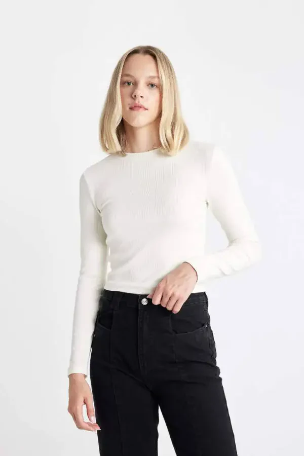 Fitted Crew Neck Fitted Cashmere Long Sleeve T-Shirt Off-White - 6