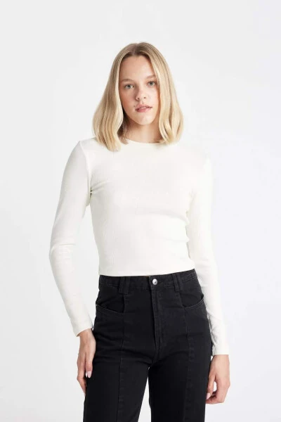 Fitted Crew Neck Fitted Cashmere Long Sleeve T-Shirt Off-White - 7