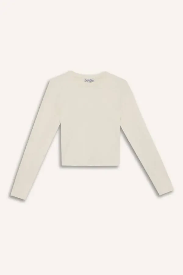 Fitted Crew Neck Fitted Cashmere Long Sleeve T-Shirt Off-White - 3