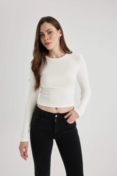 Fitted Crew Neck Fitted Cashmere Long Sleeve T-Shirt Off-White - 8