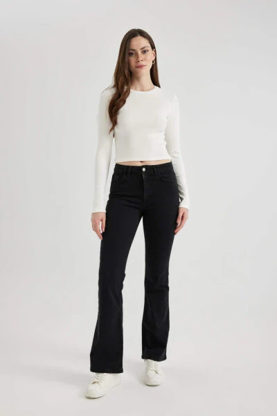 Fitted Crew Neck Fitted Cashmere Long Sleeve T-Shirt Off-White - 9