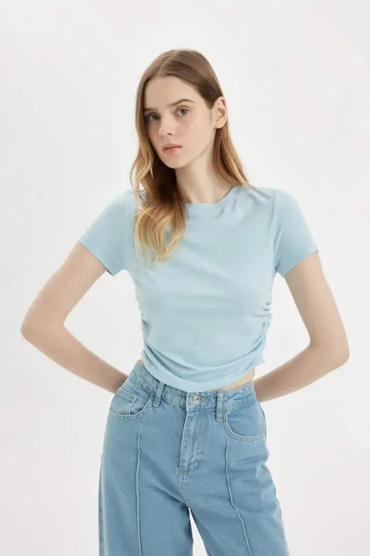 Fitted Crew Neck Modal Short Sleeve T-Shirt-Blue - 1