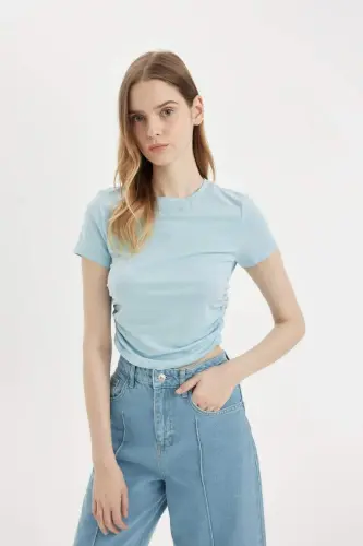 Fitted Crew Neck Modal Short Sleeve T-Shirt-Blue - 3