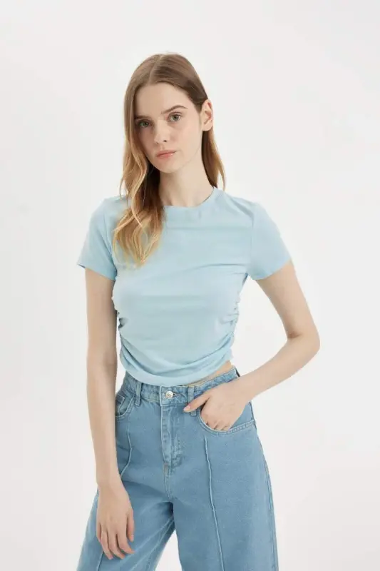 Fitted Crew Neck Modal Short Sleeve T-Shirt-Blue - 3