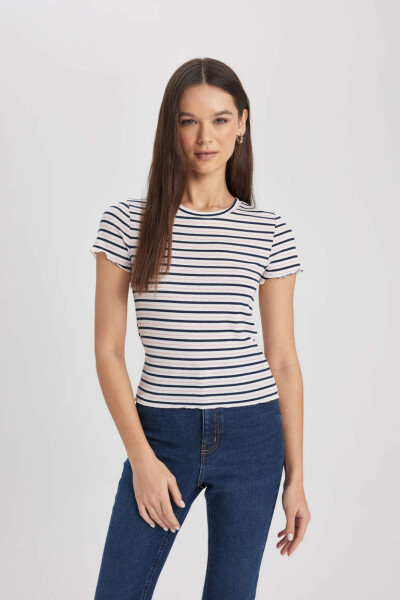 Fitted Crew Neck Striped Ribbed Cashmere Short Sleeve T-Shirt Navy - 1