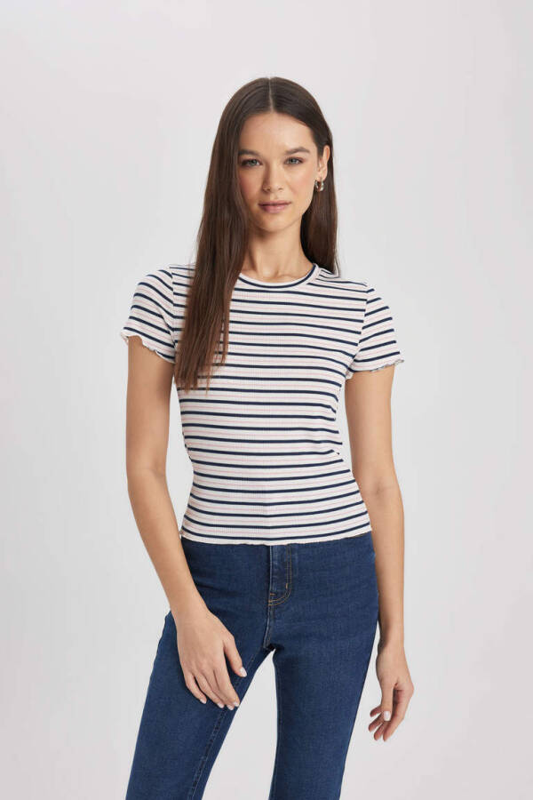 Fitted Crew Neck Striped Ribbed Cashmere Short Sleeve T-Shirt Navy - 1
