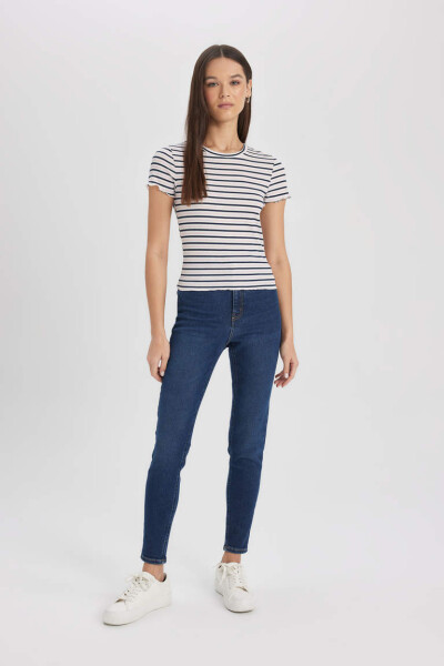 Fitted Crew Neck Striped Ribbed Cashmere Short Sleeve T-Shirt Navy - 2