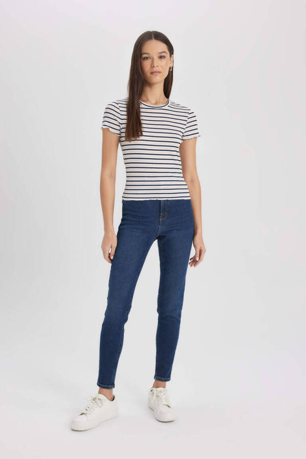 Fitted Crew Neck Striped Ribbed Cashmere Short Sleeve T-Shirt Navy - 2