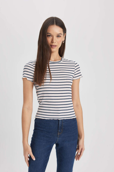 Fitted Crew Neck Striped Ribbed Cashmere Short Sleeve T-Shirt Navy - 4
