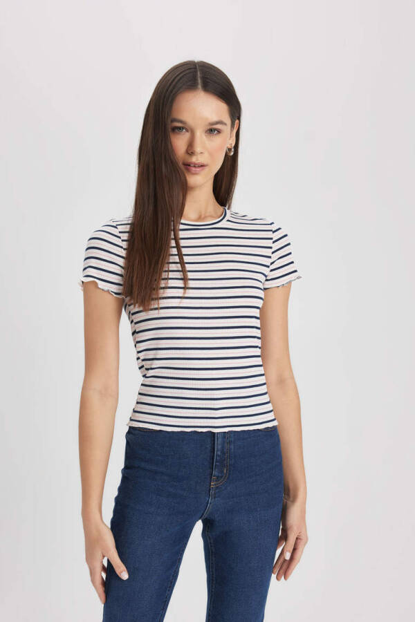 Fitted Crew Neck Striped Ribbed Cashmere Short Sleeve T-Shirt Navy - 4