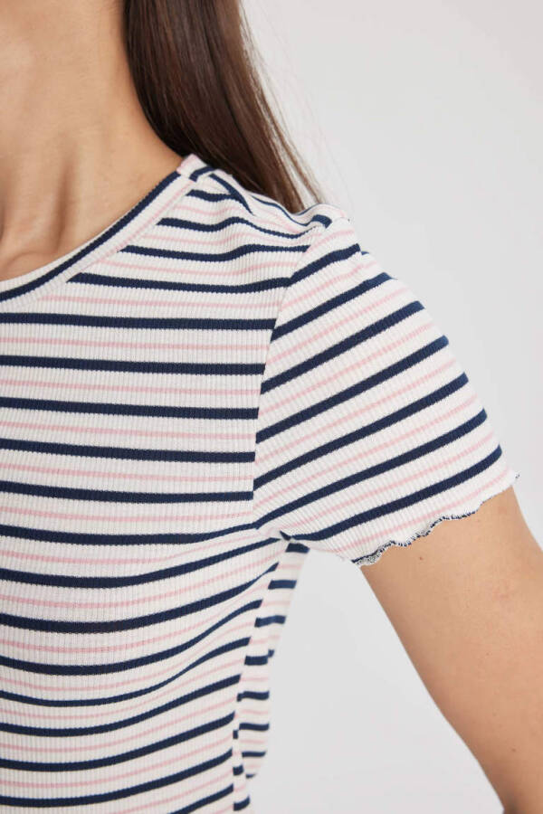 Fitted Crew Neck Striped Ribbed Cashmere Short Sleeve T-Shirt Navy - 5