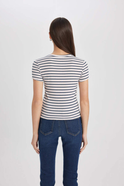 Fitted Crew Neck Striped Ribbed Cashmere Short Sleeve T-Shirt Navy - 6