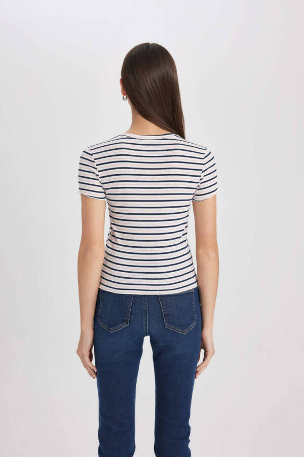Fitted Crew Neck Striped Ribbed Cashmere Short Sleeve T-Shirt Navy - 6