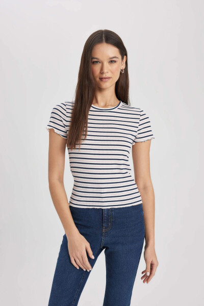 Fitted Crew Neck Striped Ribbed Cashmere Short Sleeve T-Shirt Navy - 7