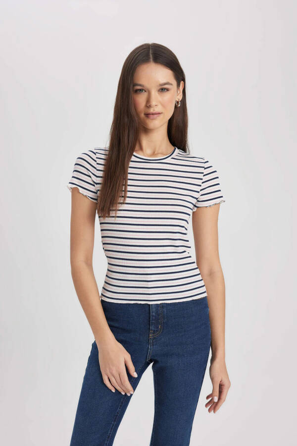 Fitted Crew Neck Striped Ribbed Cashmere Short Sleeve T-Shirt Navy - 7