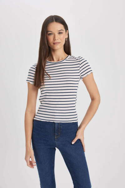 Fitted Crew Neck Striped Ribbed Cashmere Short Sleeve T-Shirt Navy - 8