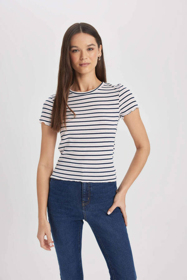 Fitted Crew Neck Striped Ribbed Cashmere Short Sleeve T-Shirt Navy - 8