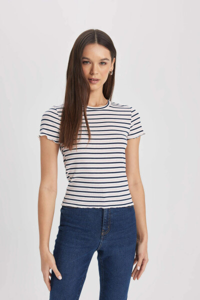 Fitted Crew Neck Striped Ribbed Cashmere Short Sleeve T-Shirt Navy - 9