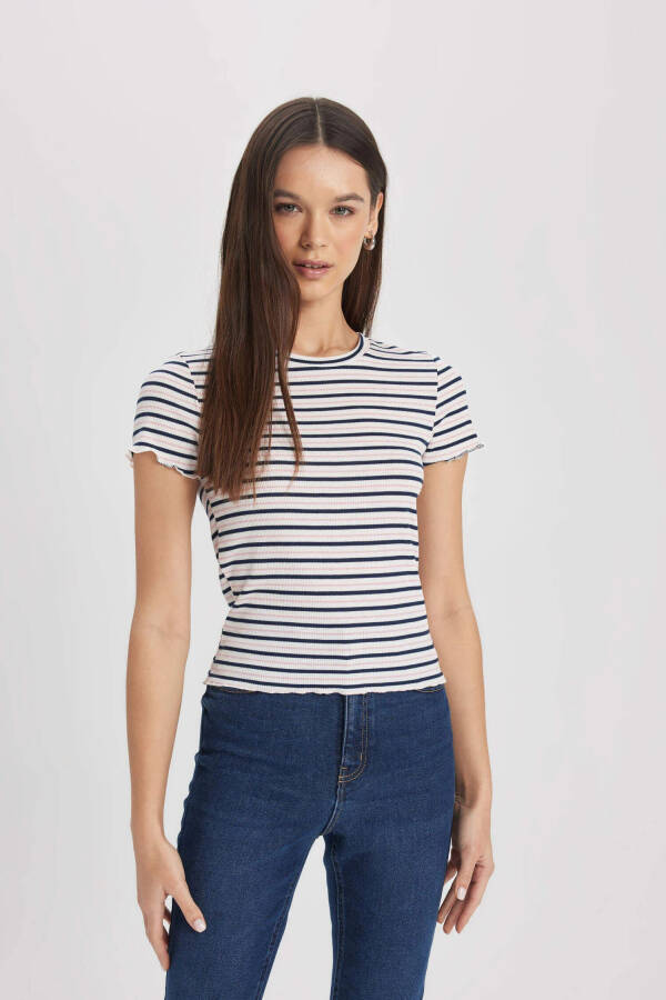 Fitted Crew Neck Striped Ribbed Cashmere Short Sleeve T-Shirt Navy - 9