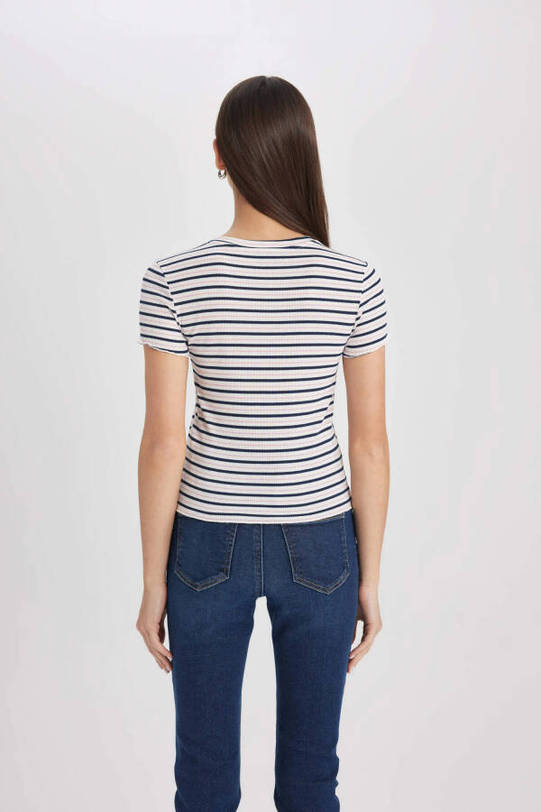 Fitted Crew Neck Striped Ribbed Cashmere Short Sleeve T-Shirt Navy - 10