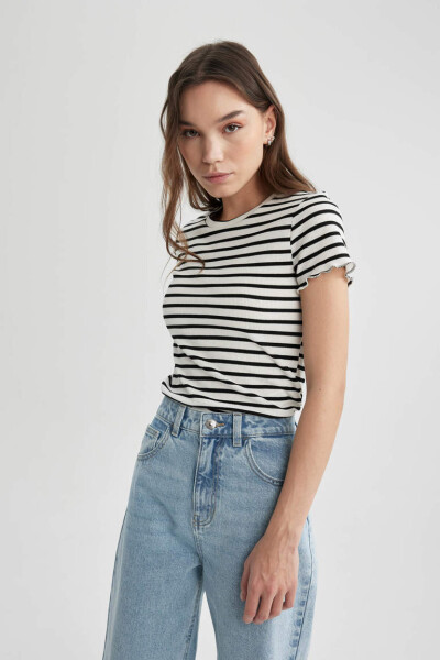 Fitted Crew Neck Striped Ribbed Crop Top White - 3