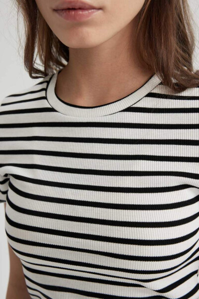 Fitted Crew Neck Striped Ribbed Crop Top White - 5