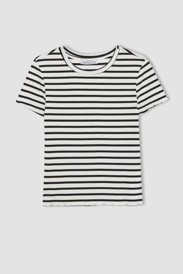 Fitted Crew Neck Striped Ribbed Crop Top White - 7