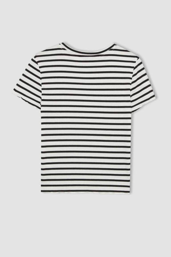 Fitted Crew Neck Striped Ribbed Crop Top White - 9