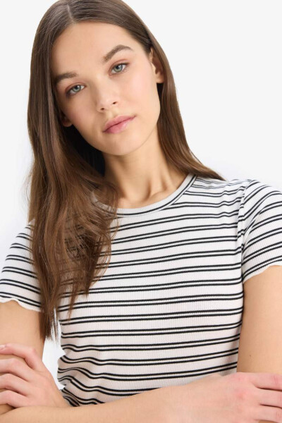Fitted Crew Neck Striped Ribbed Crop Top White - 1