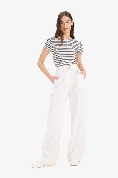 Fitted Crew Neck Striped Ribbed Crop Top White - 2