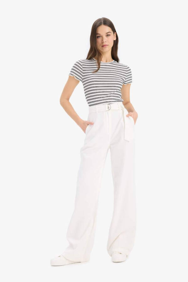 Fitted Crew Neck Striped Ribbed Crop Top White - 2