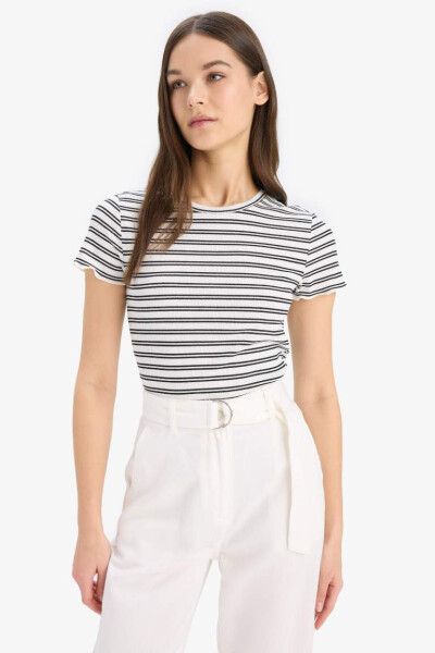 Fitted Crew Neck Striped Ribbed Crop Top White - 3