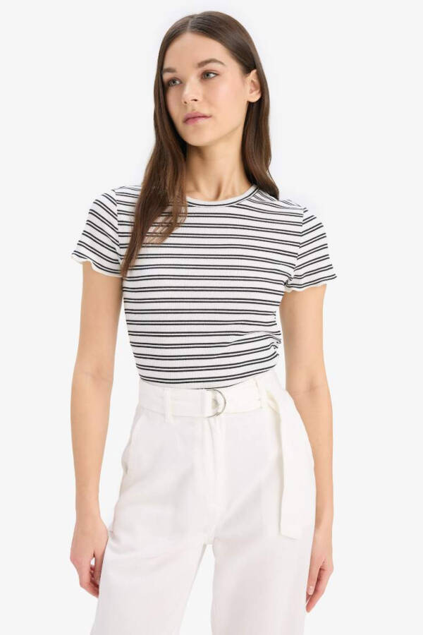 Fitted Crew Neck Striped Ribbed Crop Top White - 3