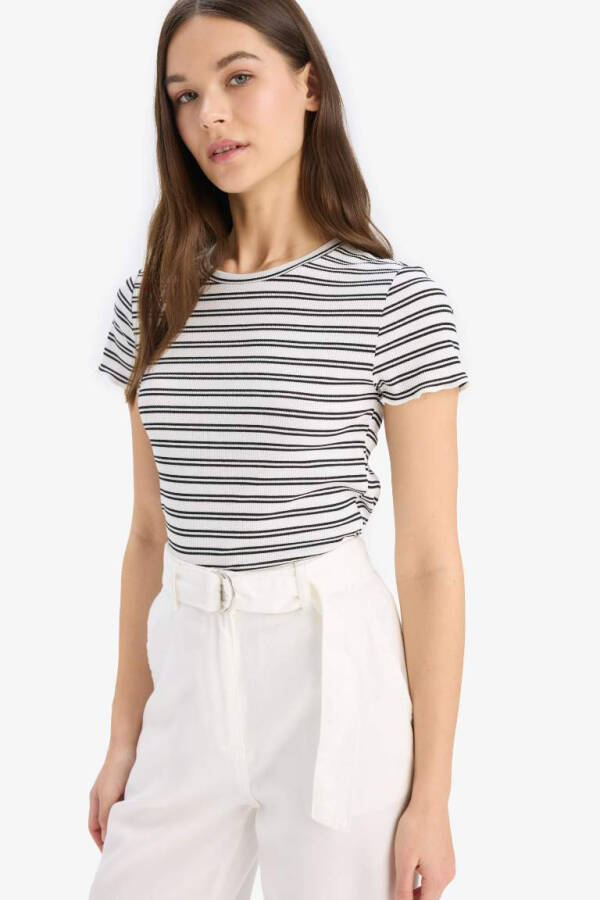 Fitted Crew Neck Striped Ribbed Crop Top White - 4