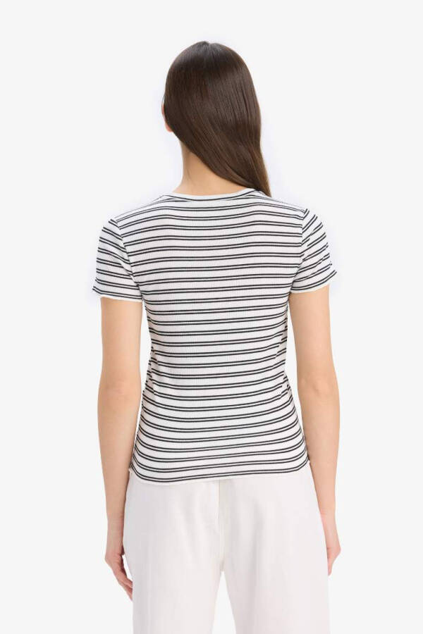 Fitted Crew Neck Striped Ribbed Crop Top White - 5