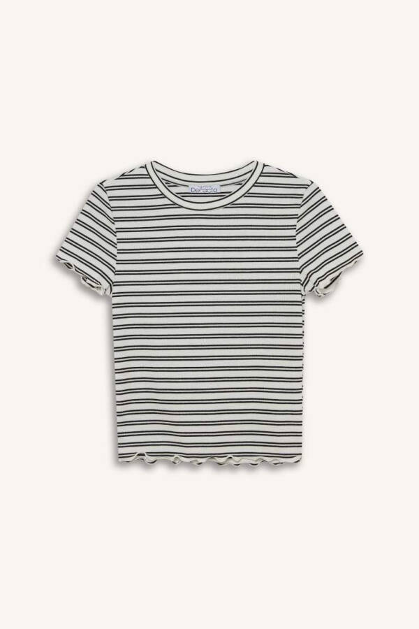 Fitted Crew Neck Striped Ribbed Crop Top White - 6